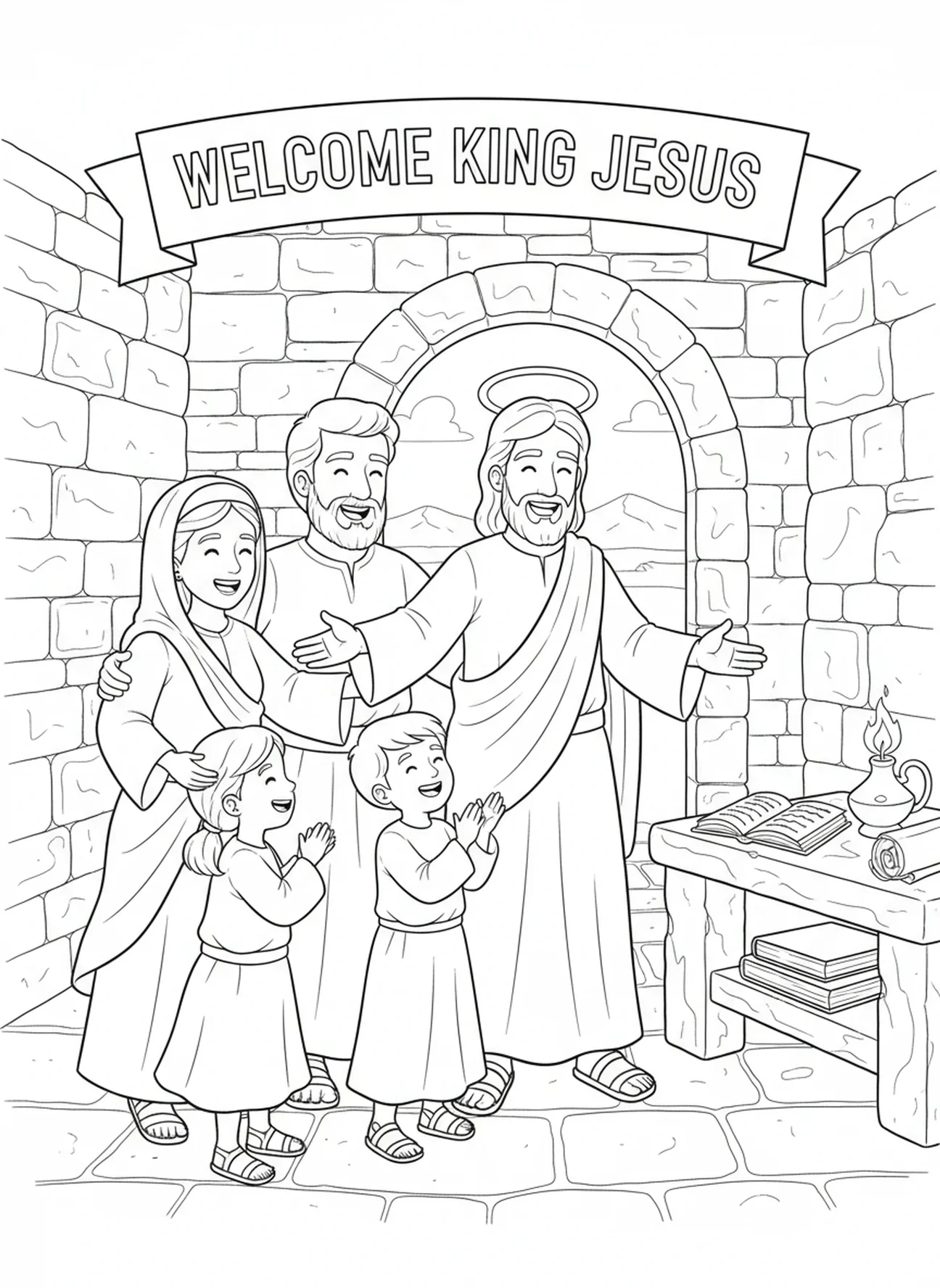 Famille accueillant Jésus, page à colorier Jésus frappant à la porte pour les enfants de l'École du dimanche âgés de 5 à 12 ans.