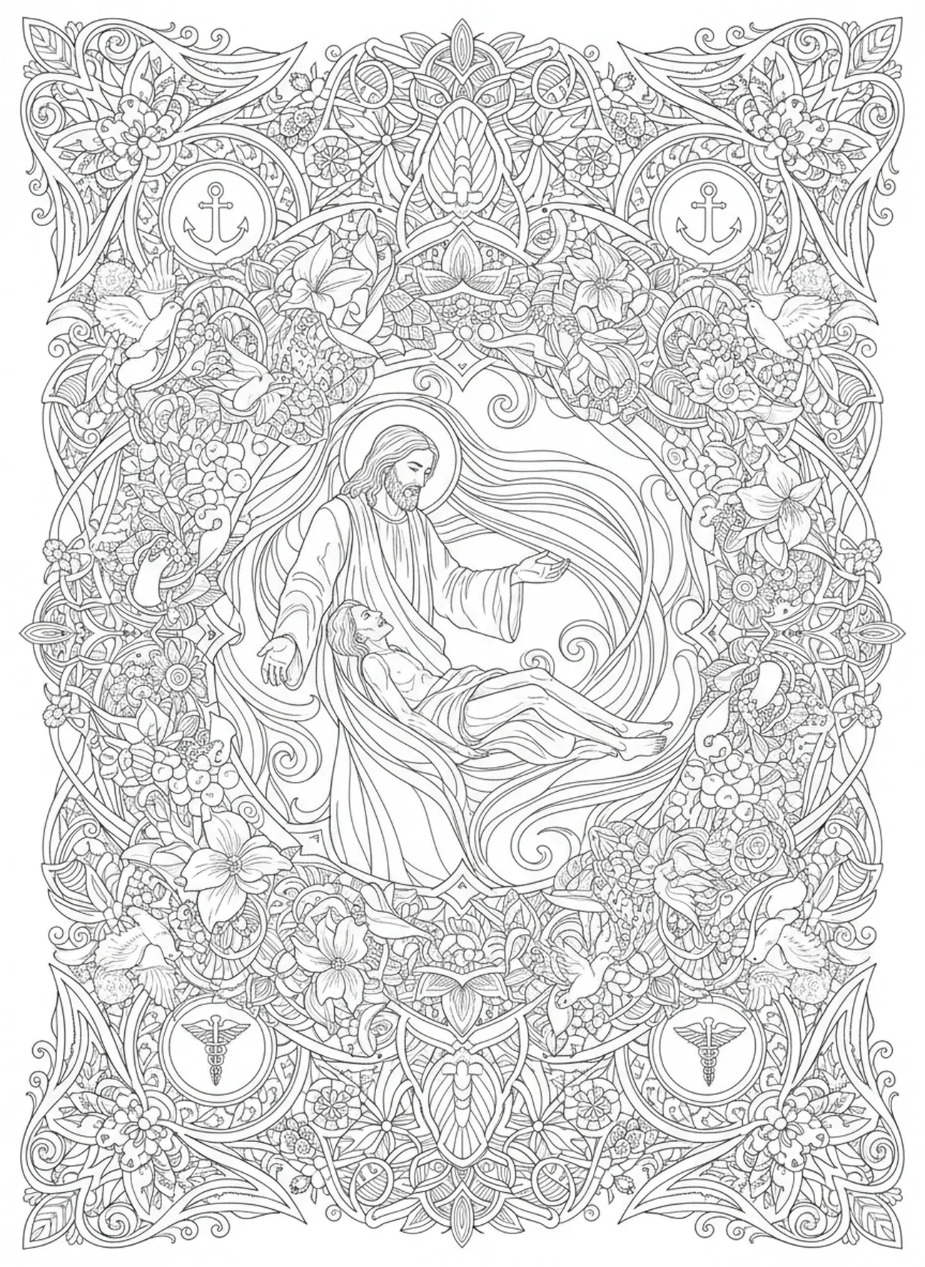 Jesus curando uma pessoa doente, página de colorir Jesus Luz do Mundo para adultos no estilo de journaling bíblico.