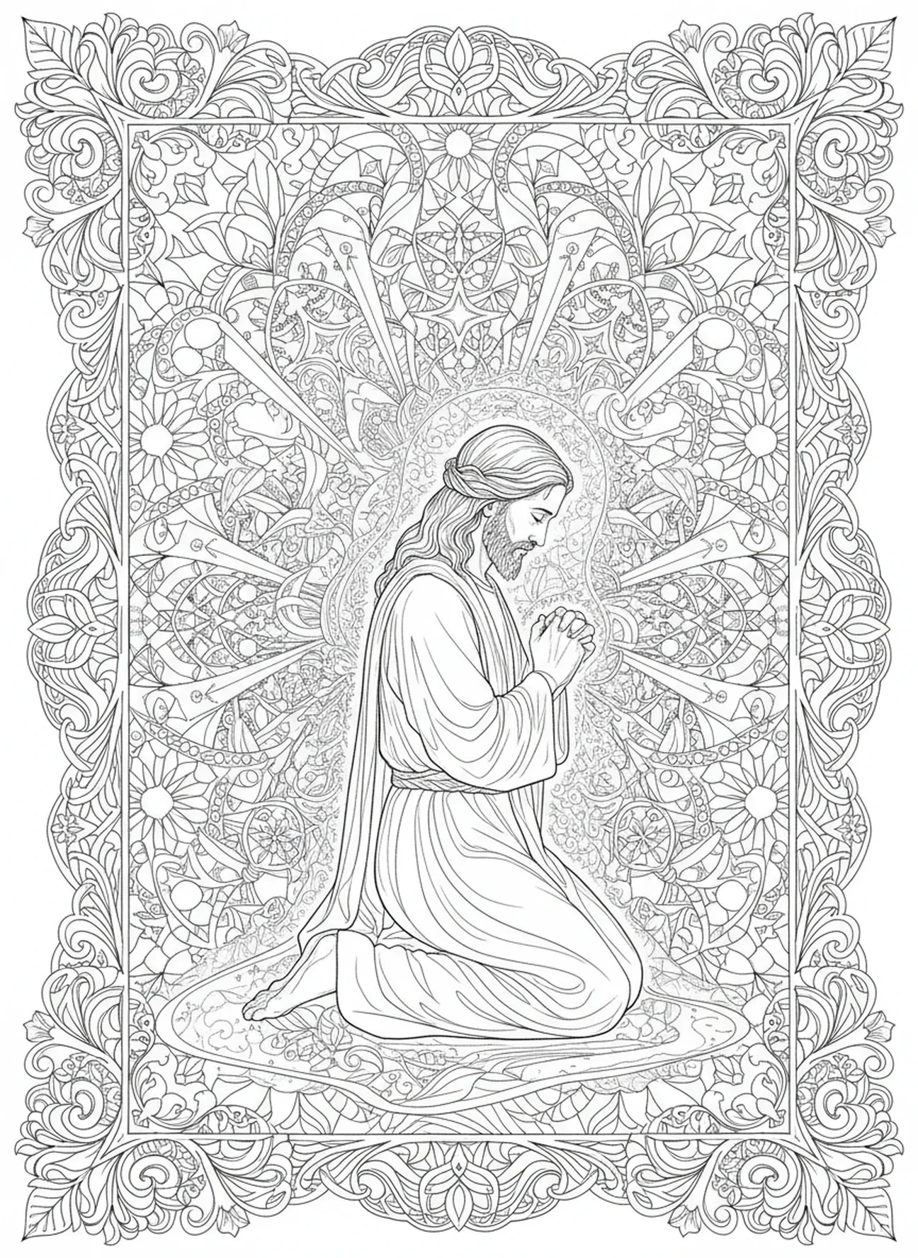 Jesus em profunda oração, página de colorir Jesus Luz do Mundo para adultos no estilo de journaling bíblico.