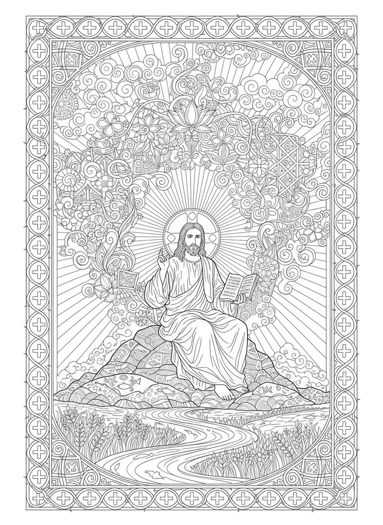 Jesus ensinando em uma montanha, página de colorir Jesus Luz do Mundo para adultos no estilo de journaling bíblico.