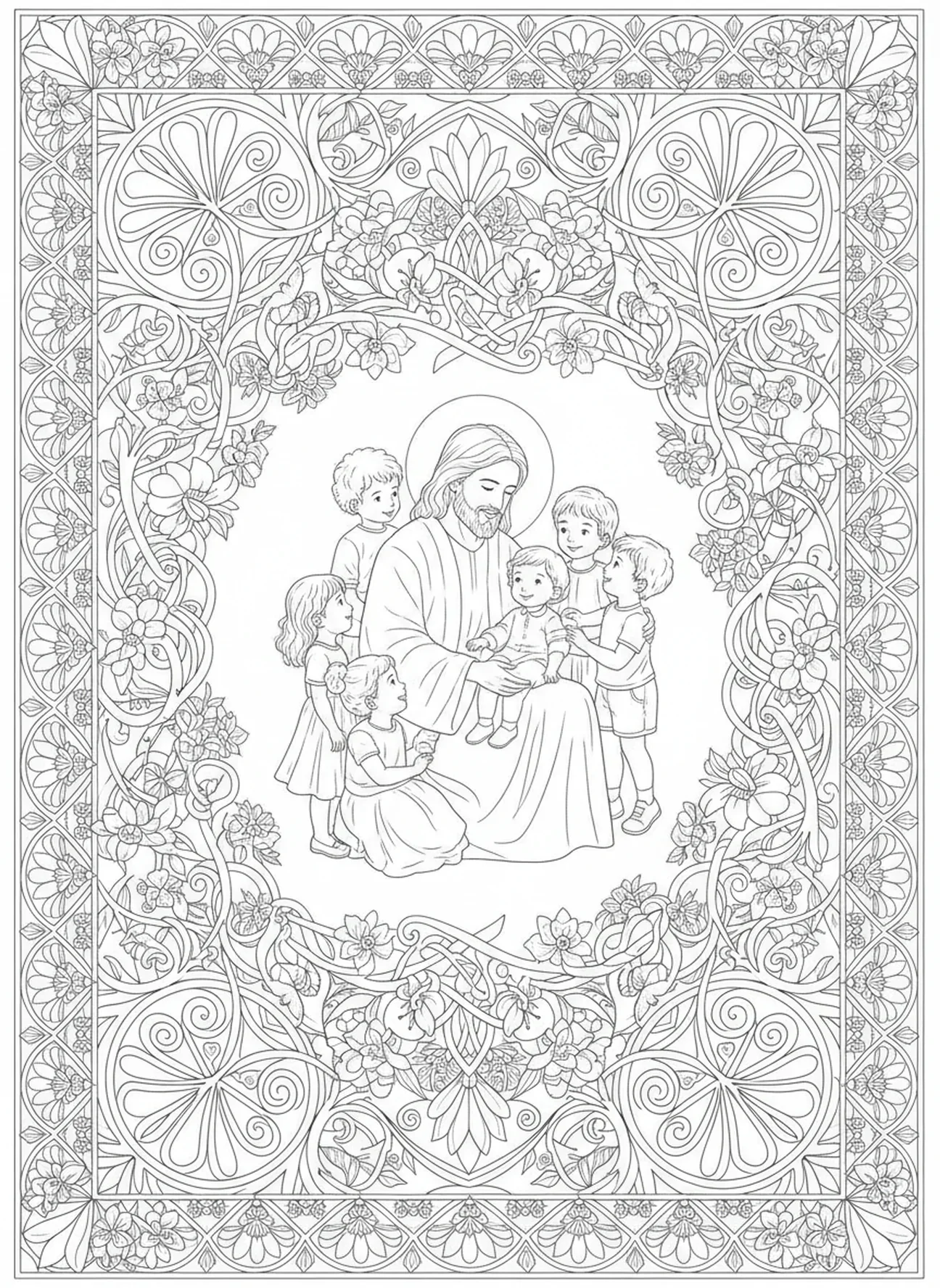 Jesus interagindo com crianças, página de colorir Jesus Luz do Mundo para adultos no estilo de journaling bíblico.