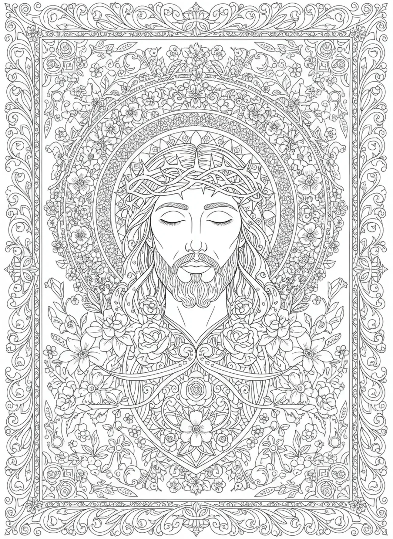 Jesus usando uma coroa de espinhos, página de colorir Jesus Luz do Mundo para adultos no estilo de journaling bíblico.