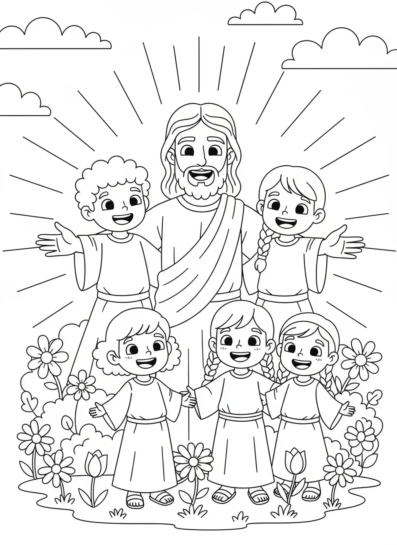 Groupe d'enfants joyeux, page à colorier Jésus Lumière du Monde pour les enfants de 5 à 10 ans.