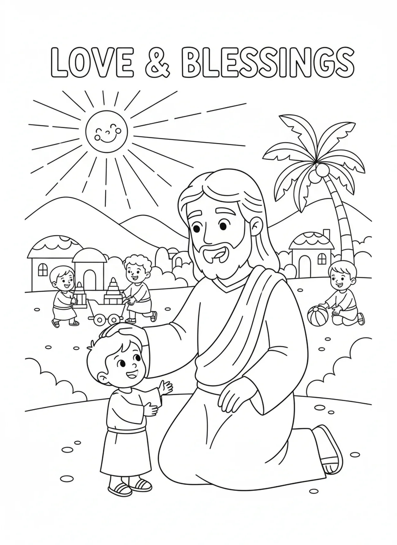 Jésus s'agenouillant pour bénir un enfant, page à colorier Jésus Lumière du Monde pour les enfants de 5 à 10 ans.