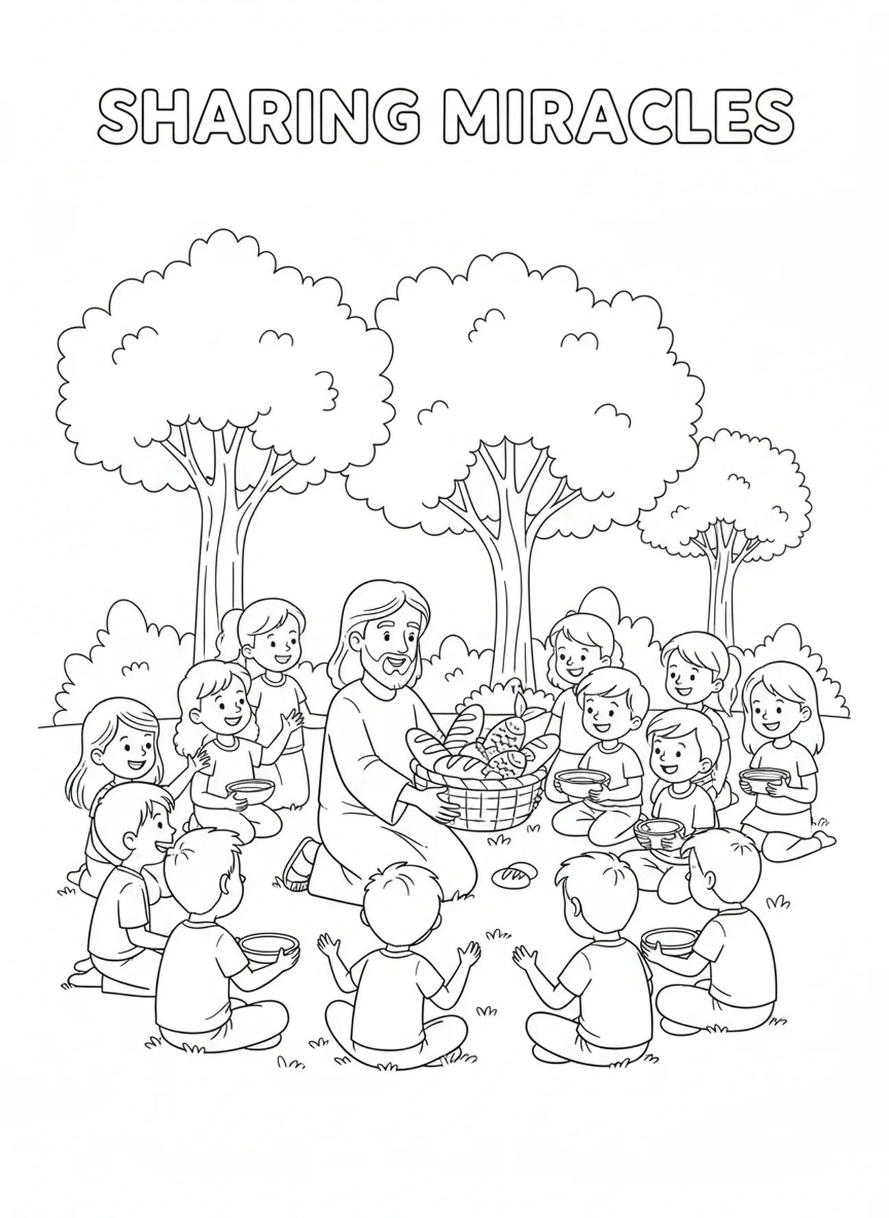 Jésus partageant du pain et du poisson, page à colorier Jésus Lumière du Monde pour les enfants de 5 à 10 ans.
