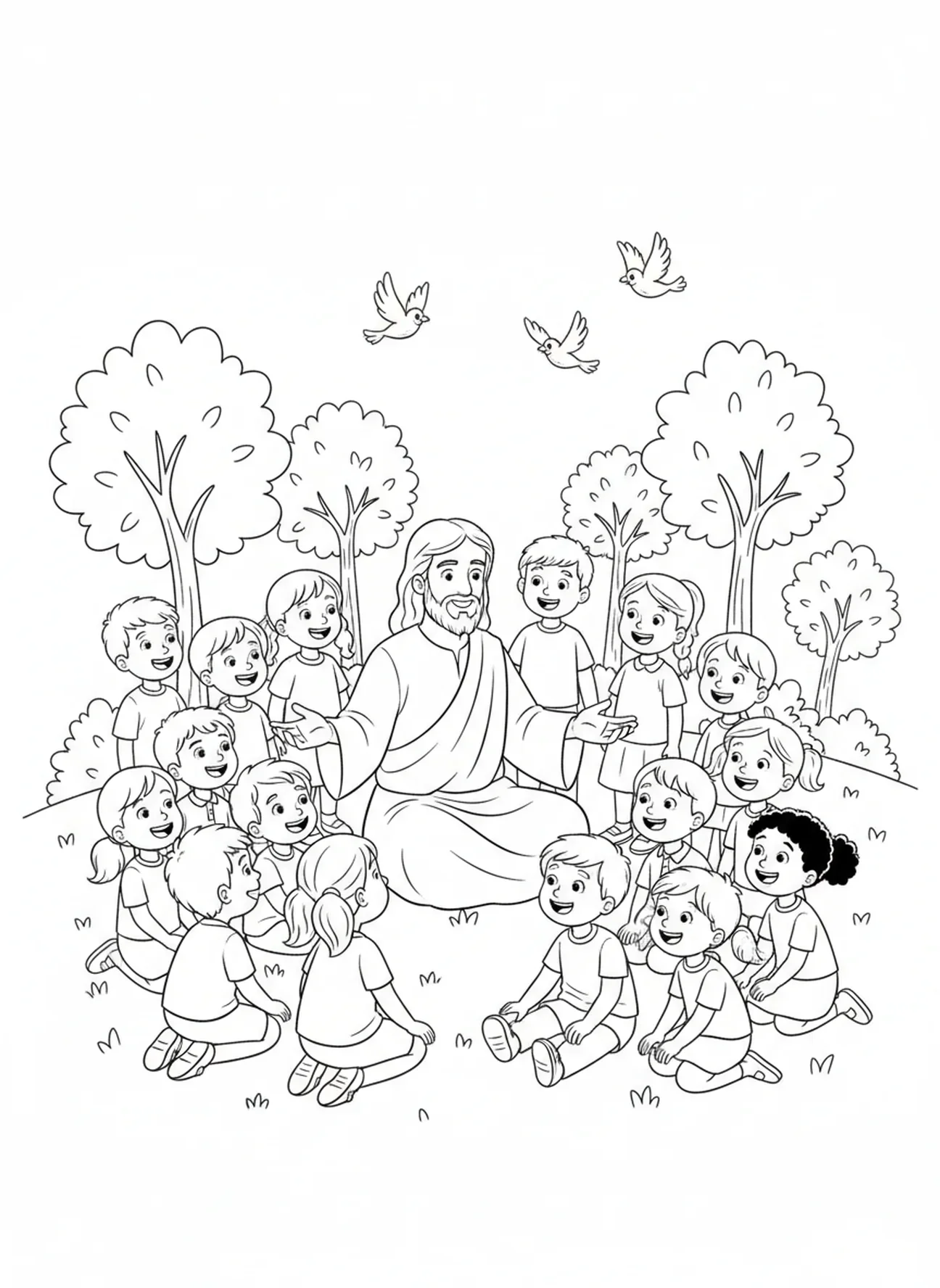 Jésus assis sur une colline herbeuse, page à colorier Jésus Lumière du Monde pour les enfants de 5 à 10 ans.