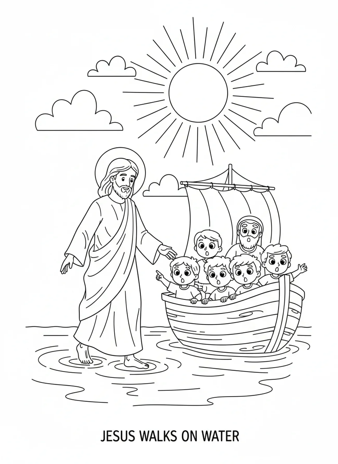 Jésus marchant sur l'eau calme, page à colorier Jésus Lumière du Monde pour les enfants de 5 à 10 ans.
