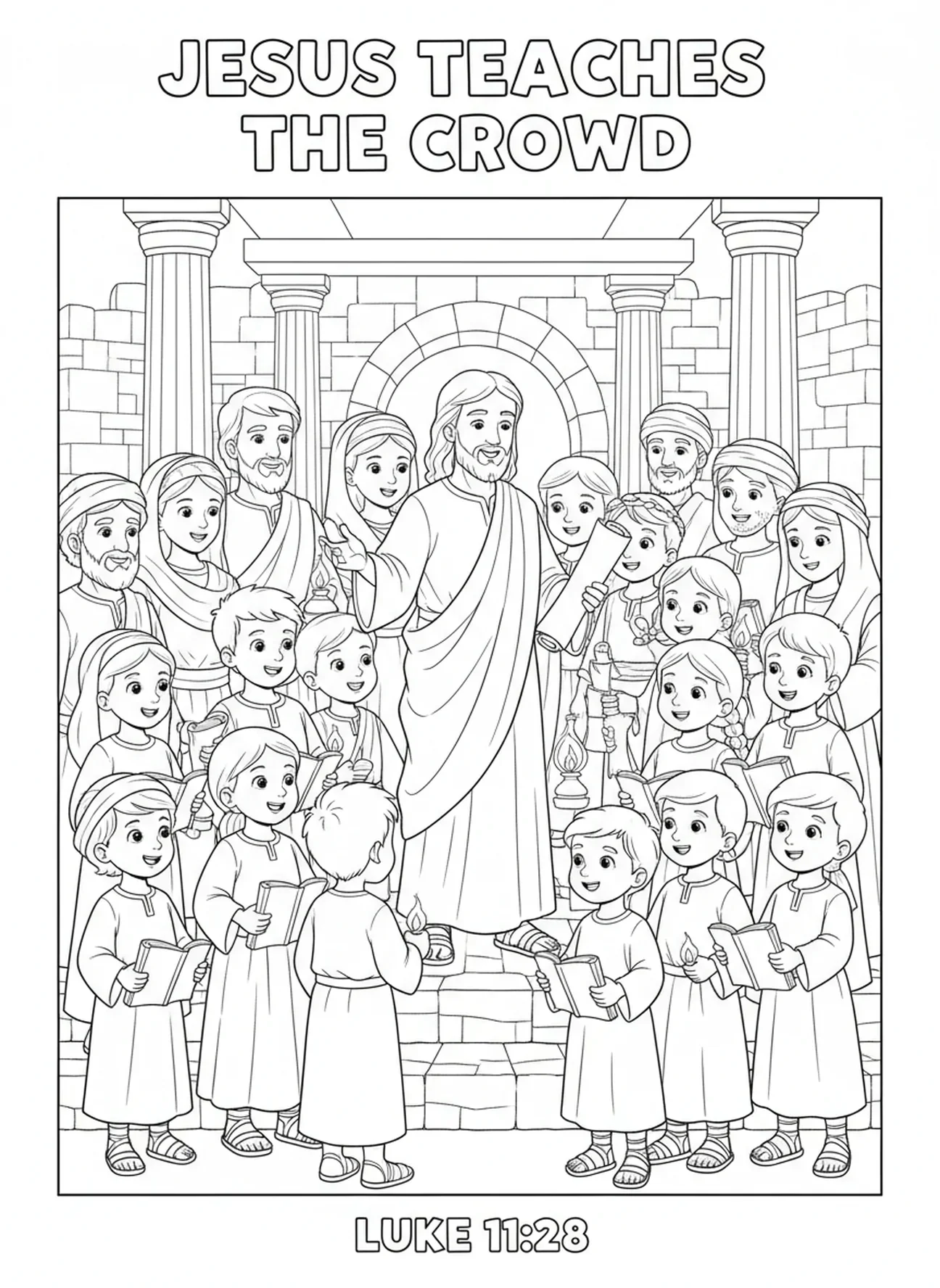 Multitud escuchando a Jesús, página para colorear Jesús Luz del Mundo para niños de Escuela Dominical de 5 a 12 años.