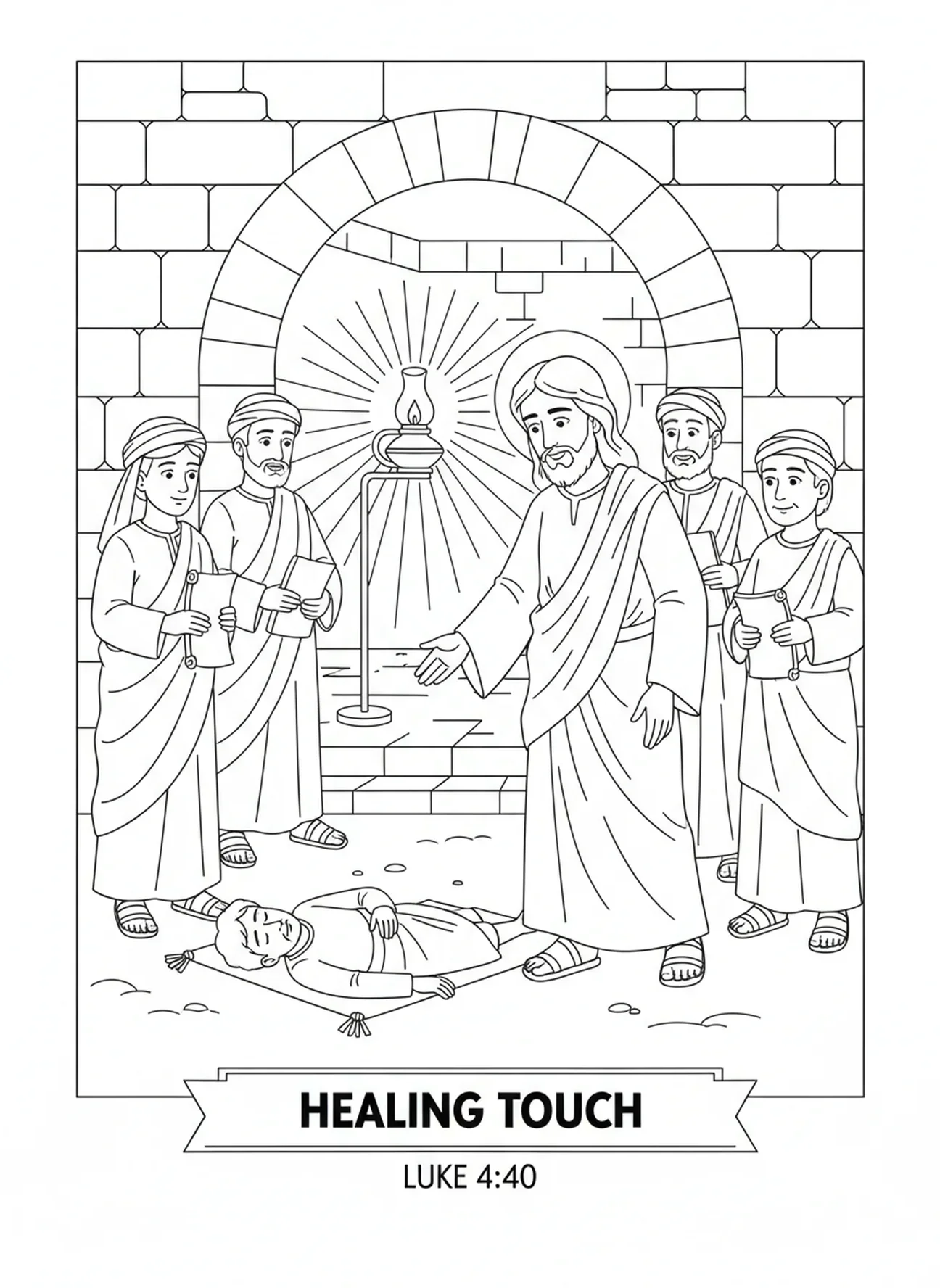 Jesús sanando a los enfermos, página para colorear de Jesús Luz del Mundo para niños de Escuela Dominical de 5 a 12 años.