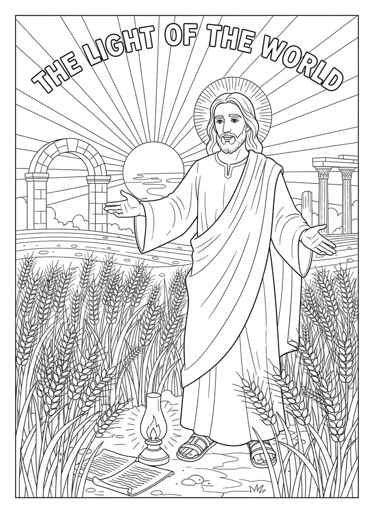 Jesús en un campo, página para colorear Jesús Luz del Mundo para niños de Escuela Dominical de 5 a 12 años.
