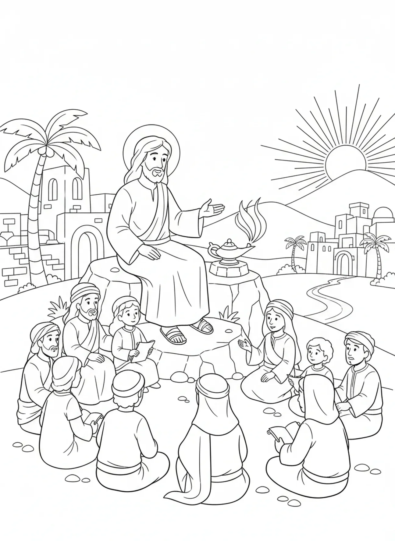 Jesús enseñando en una colina, página para colorear Jesús Luz del Mundo para niños de Escuela Dominical de 5 a 12 años.
