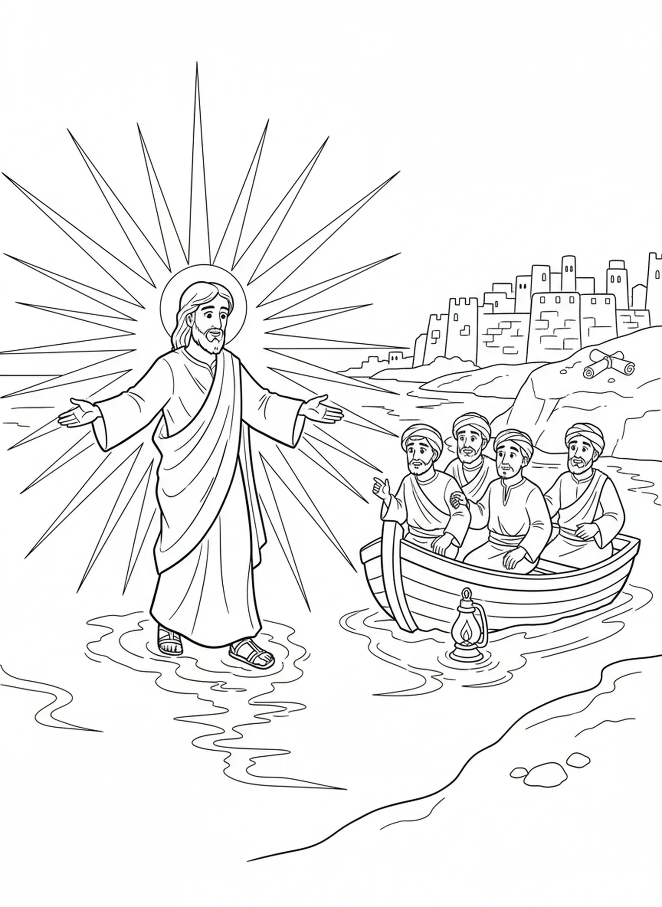 Jesús caminando sobre el agua, página para colorear Jesús Luz del Mundo para niños de Escuela Dominical de 5 a 12 años.