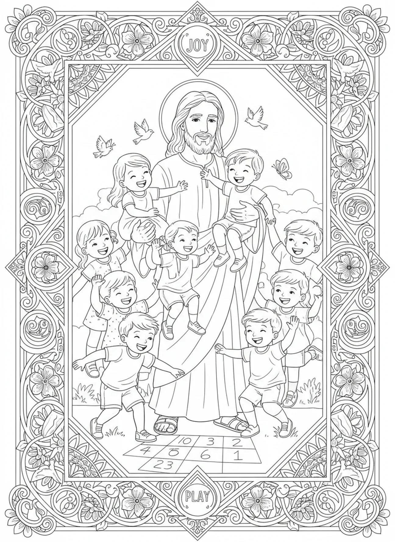Crianças brincando ao redor de Jesus, Jesus Ama as Crianças Página para Colorir sobre a Benção de Jesus para adultos no estilo de diário bíblico.