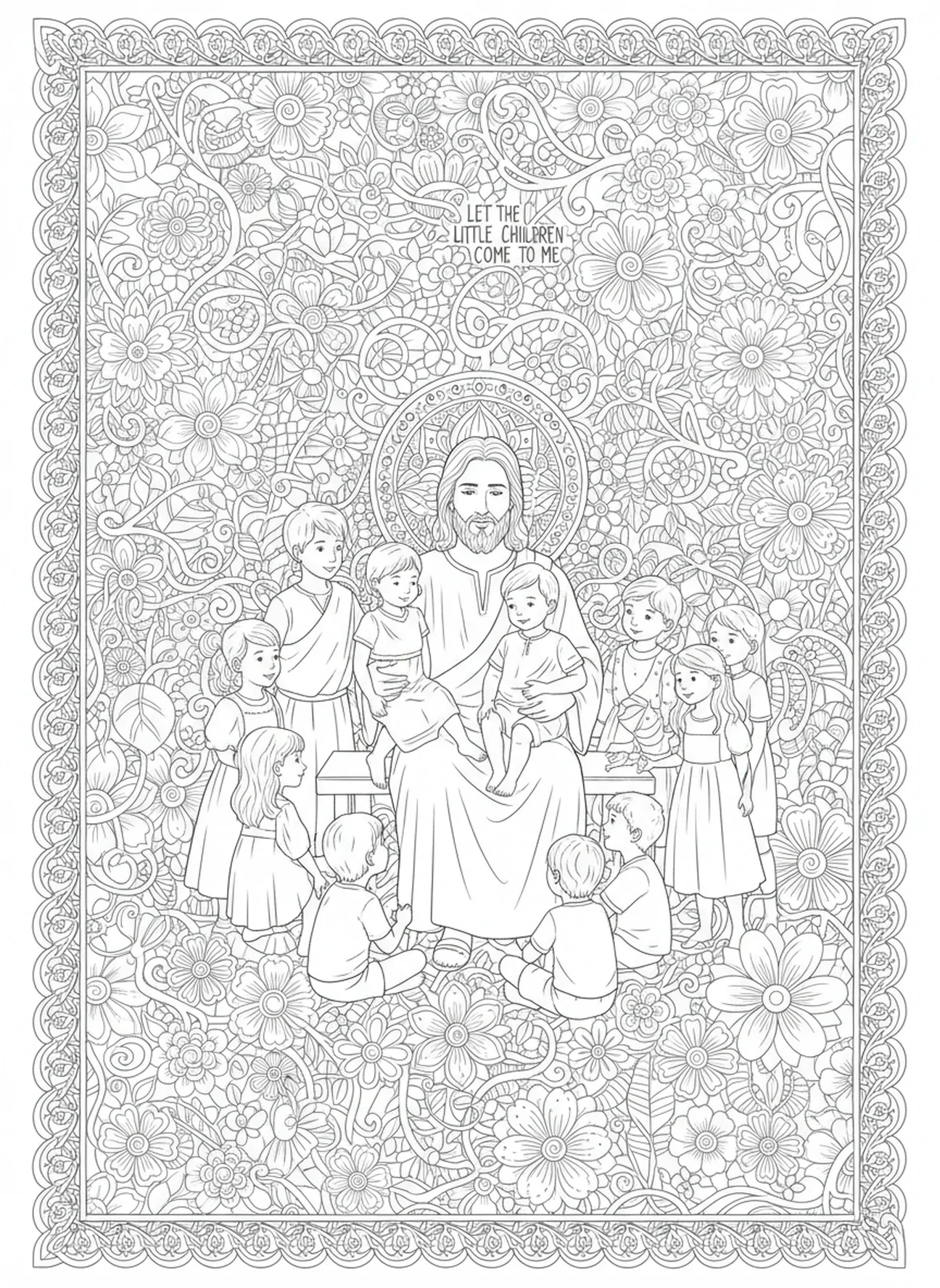 Jesus sentado com crianças, Jesus Ama as Crianças, página de colorir Jesus Abençoando Crianças para adultos no estilo de diário bíblico.