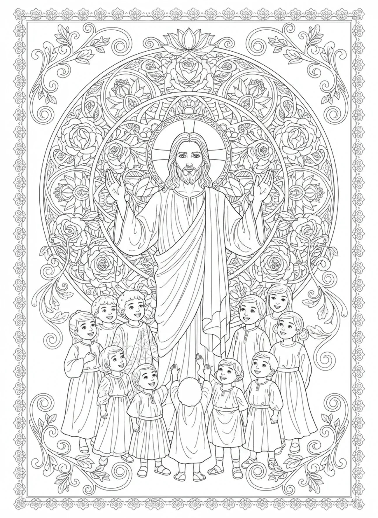 Jesus abençoando crianças, Jesus Ama as Crianças Página para colorir Jesus Abençoando Crianças no estilo de journaling bíblico para adultos.