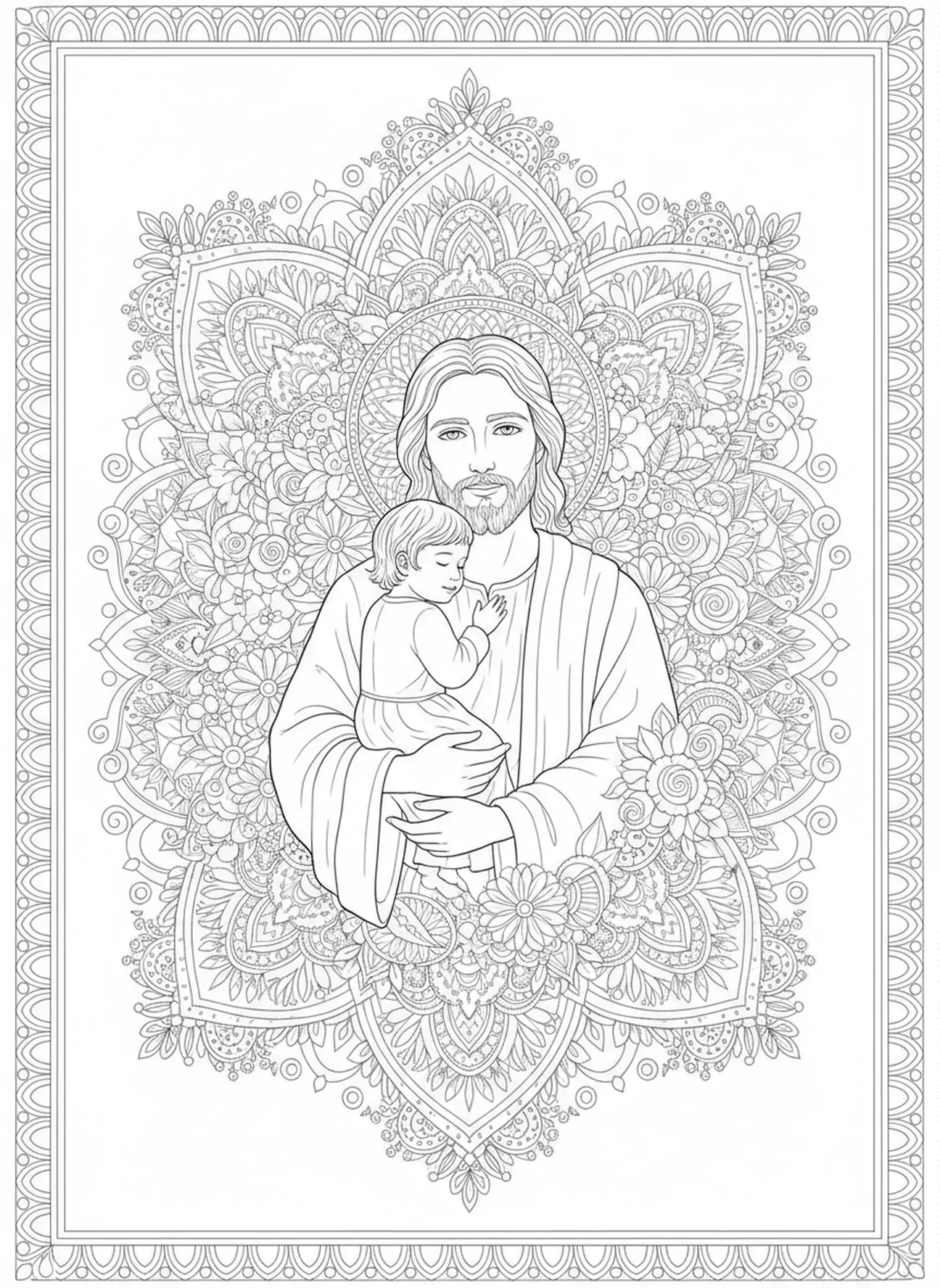 Jesus segurando uma criança, Jesus Ama as Crianças, página de colorir Jesus Abençoando Crianças para adultos no estilo de journaling bíblico.