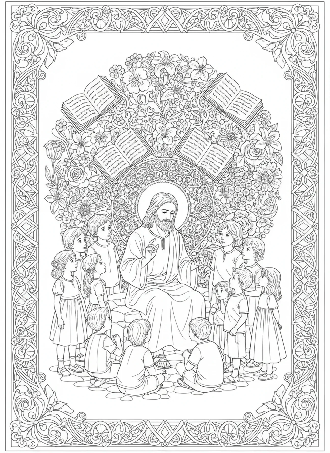 Jesus ensinando crianças, Jesus ama as crianças, página de colorir Jesus abençoando crianças para adultos no estilo de journaling bíblico.