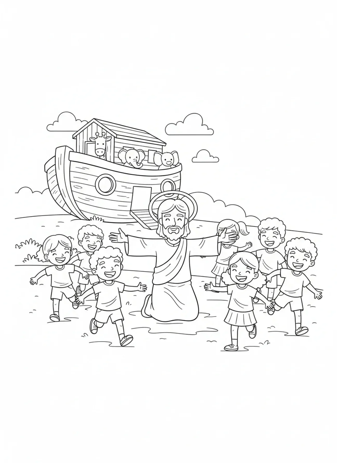 Crianças correndo alegremente em direção a Jesus, Jesus Ama as Crianças, página de colorir Jesus Abençoando Crianças para crianças de 5 a 10 anos.