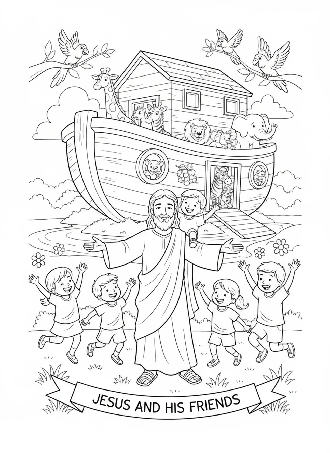 Crianças brincando ao redor de Jesus sorridente, Jesus Ama as Crianças, página para colorir Jesus Abençoando Crianças para crianças de 5 a 10 anos.