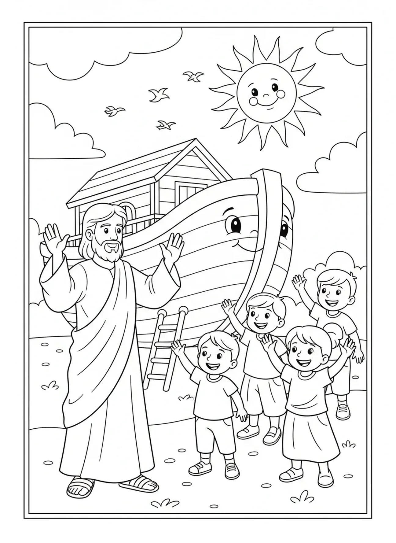 Jesus se despedindo das crianças, Jesus Ama as Crianças, página para colorir Jesus Abençoando Crianças para crianças de 5 a 10 anos.
