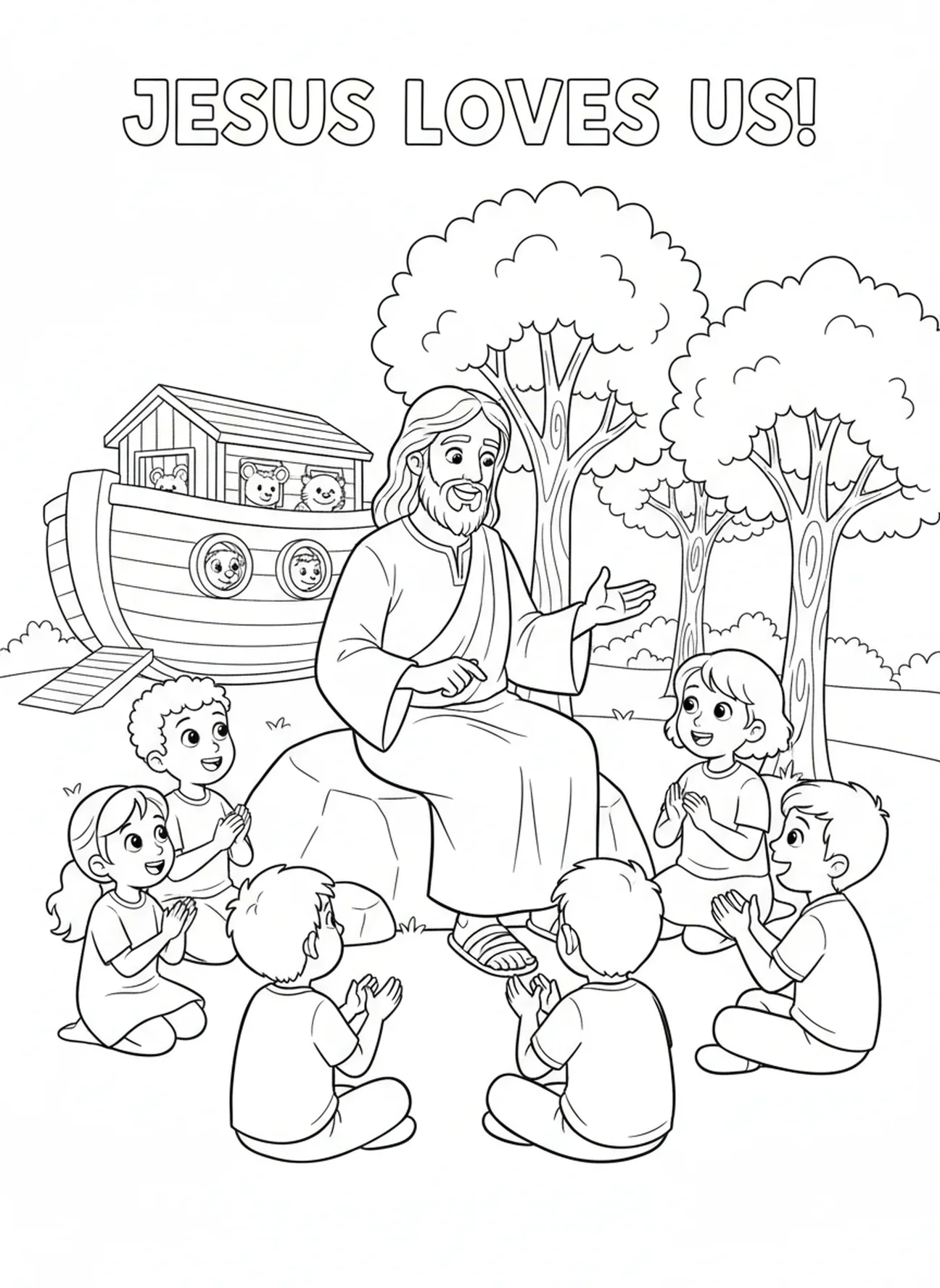 Jesus contando histórias para crianças, Jesus Ama as Crianças, página de colorir Jesus Abençoando Crianças para crianças de 5 a 10 anos.