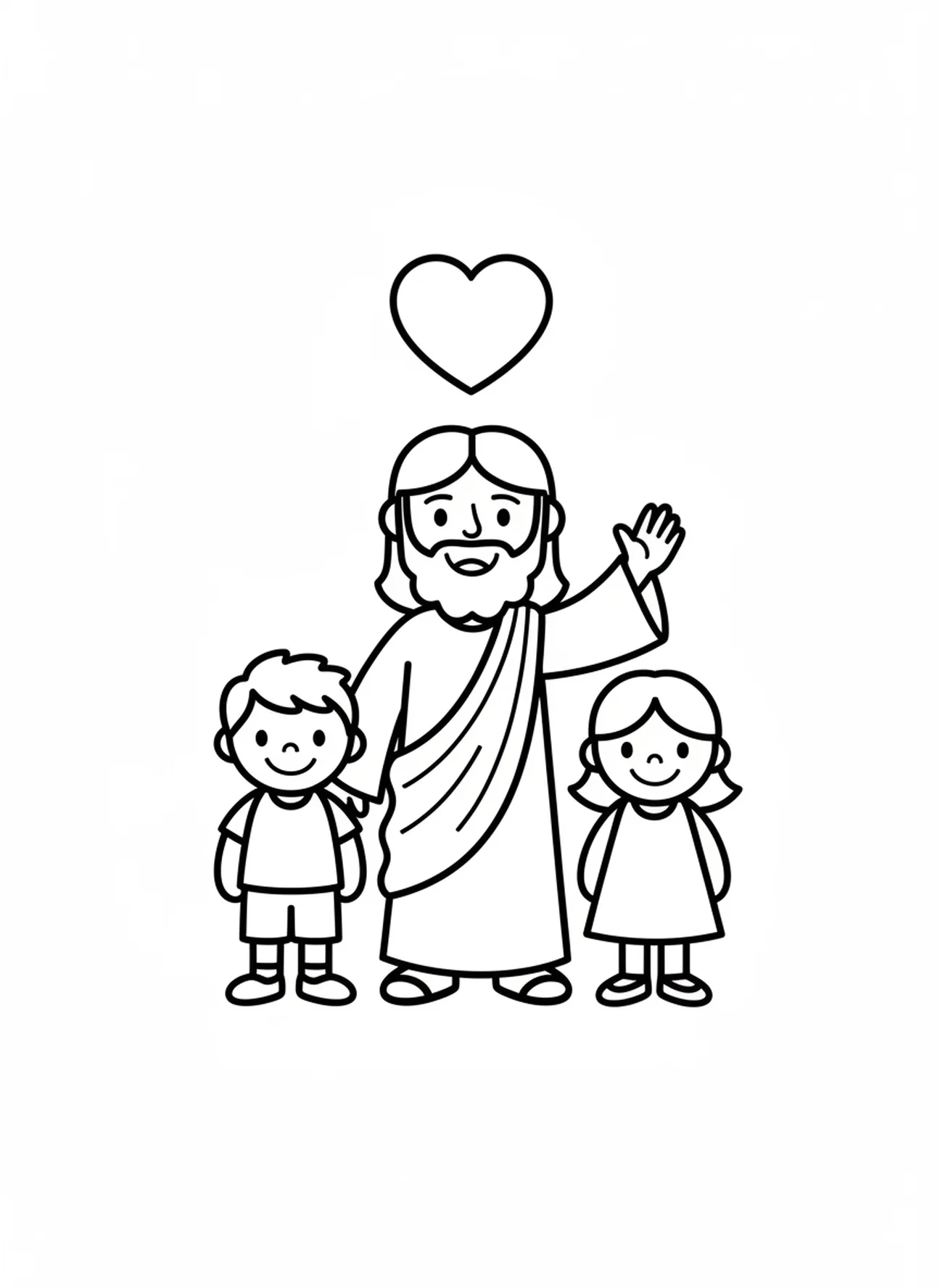 Jesus sorridente acenando, Jesus Ama as Crianças, página de colorir Jesus Abençoando Crianças para pré-escolares de 3 a 5 anos