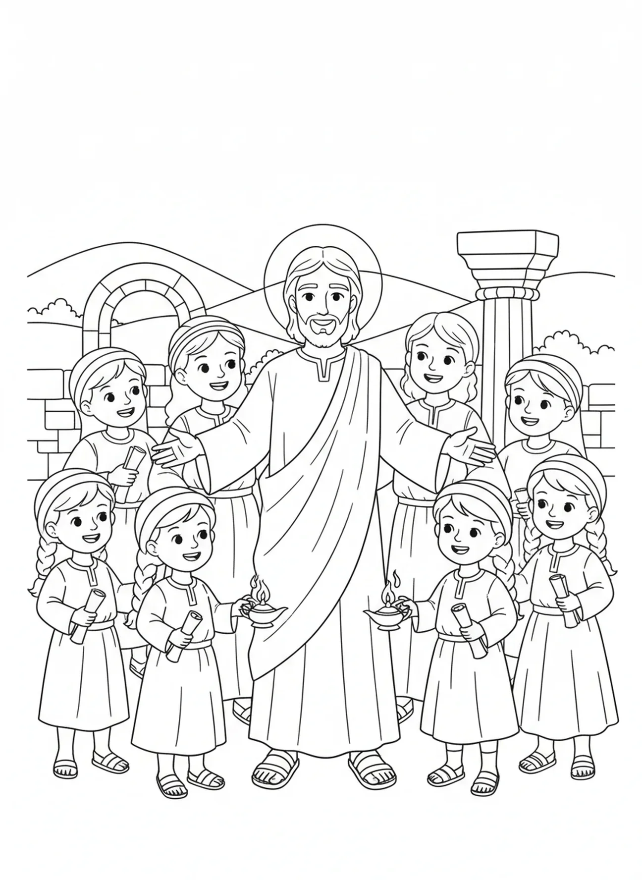 Kinder versammeln sich um Jesus, Jesus liebt die Kinder, Jesus segnet die Kinder Ausmalbild für die Sonntagsschule für Kinder im Alter von 5-12 Jahren.