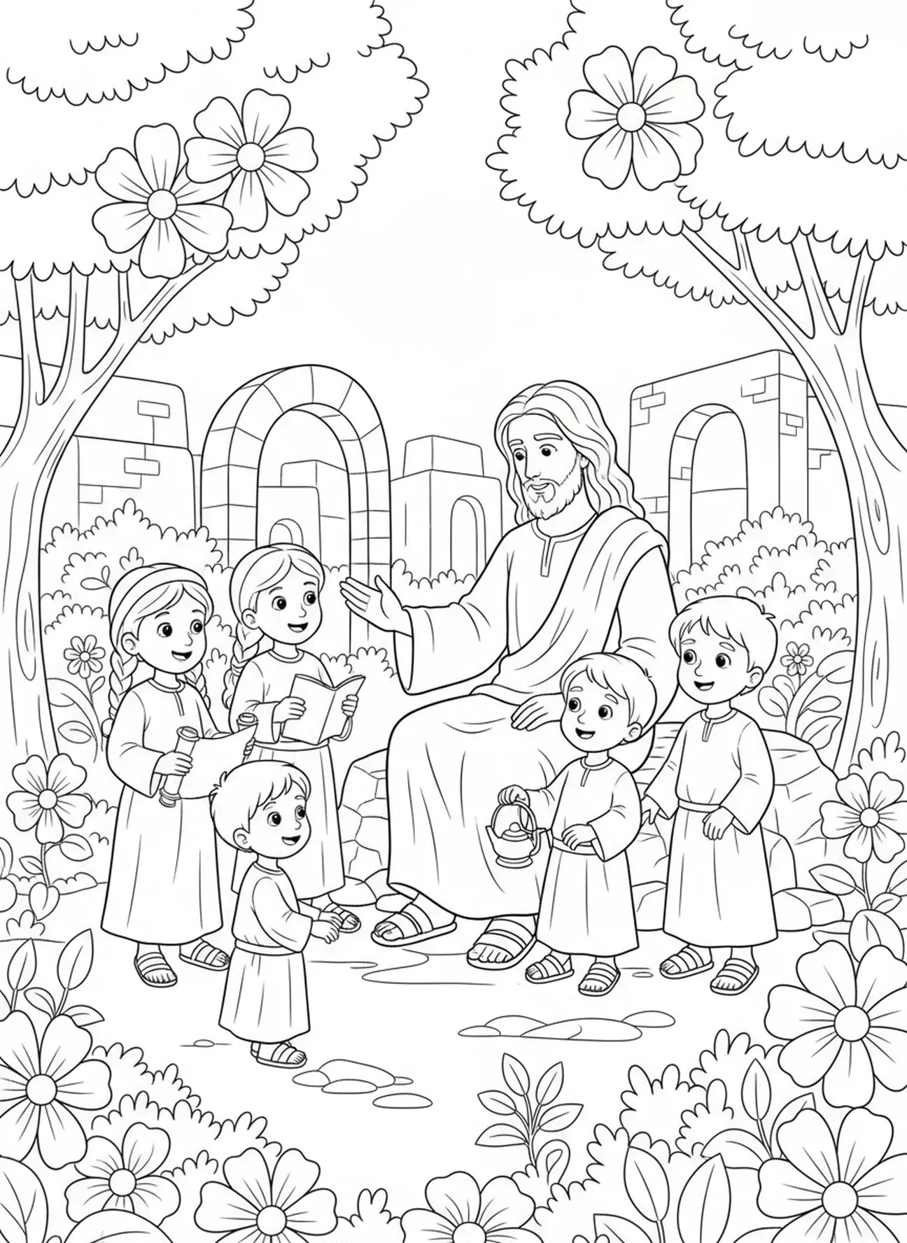 Jesus segnet Kinder, Jesus liebt Kinder, Ausmalbild von Jesus, der Kinder segnet, für die Sonntagsschule für Kinder im Alter von 5-12 Jahren.