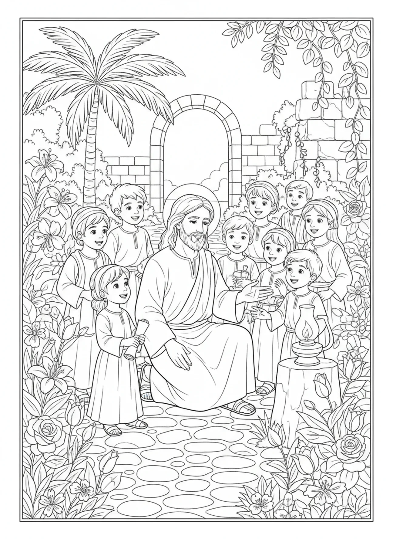 Jesus ermutigt die Kinder, Jesus liebt die Kinder, Ausmalbild von Jesus, der die Kinder segnet, für die Sonntagsschule für Kinder im Alter von 5-12 Jahren.