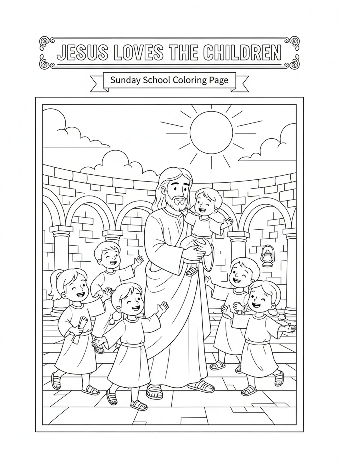 Jesus hält ein Kind, Jesus liebt Kinder, Ausmalbild von Jesus, der Kinder segnet, für die Sonntagsschule für Kinder im Alter von 5-12 Jahren.
