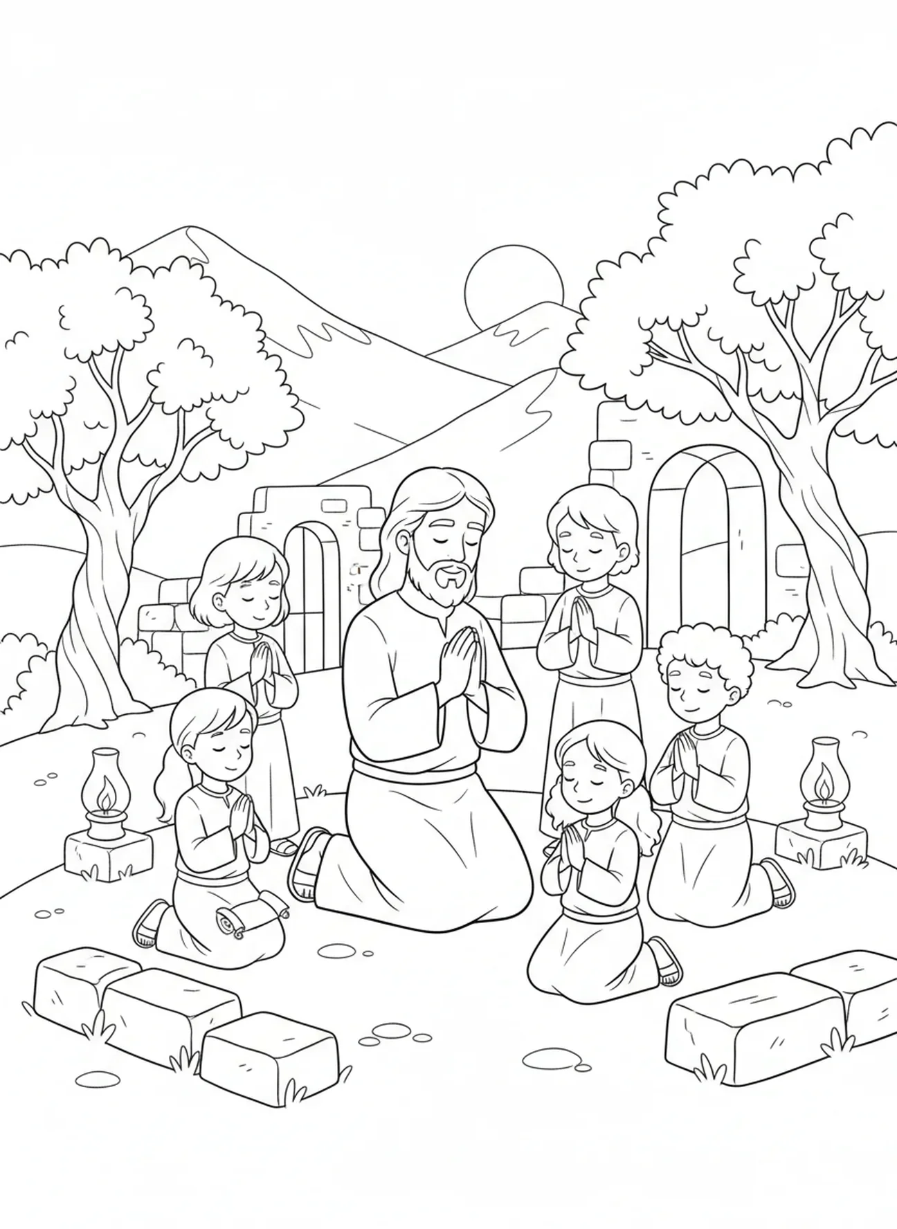 Jesus betet mit Kindern, Jesus liebt Kinder, Ausmalbild von Jesus, der Kinder segnet, für die Sonntagsschule für Kinder im Alter von 5-12 Jahren.