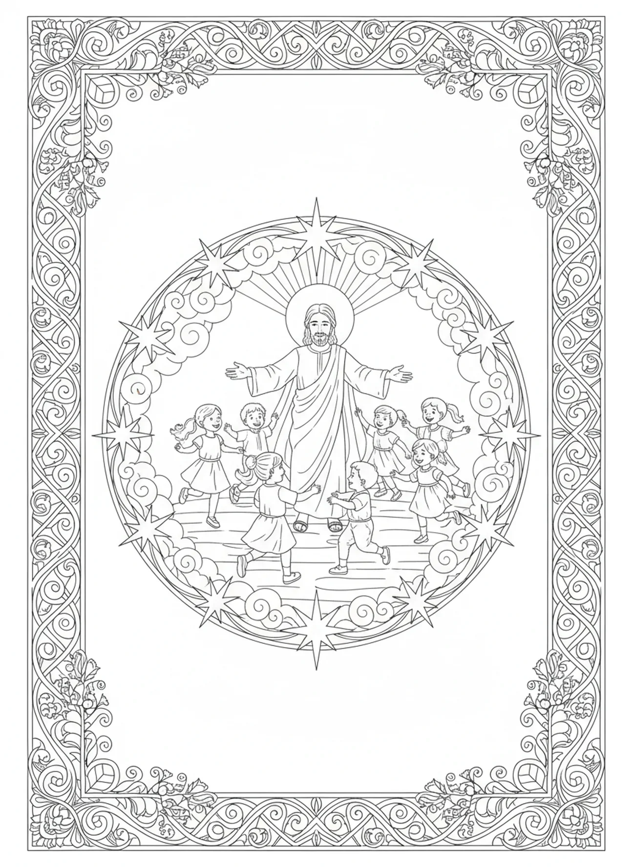 Crianças brincando ao redor de Jesus, Jesus Ama as Crianças, Jesus Com as Crianças no Colo página para colorir estilo de journaling bíblico