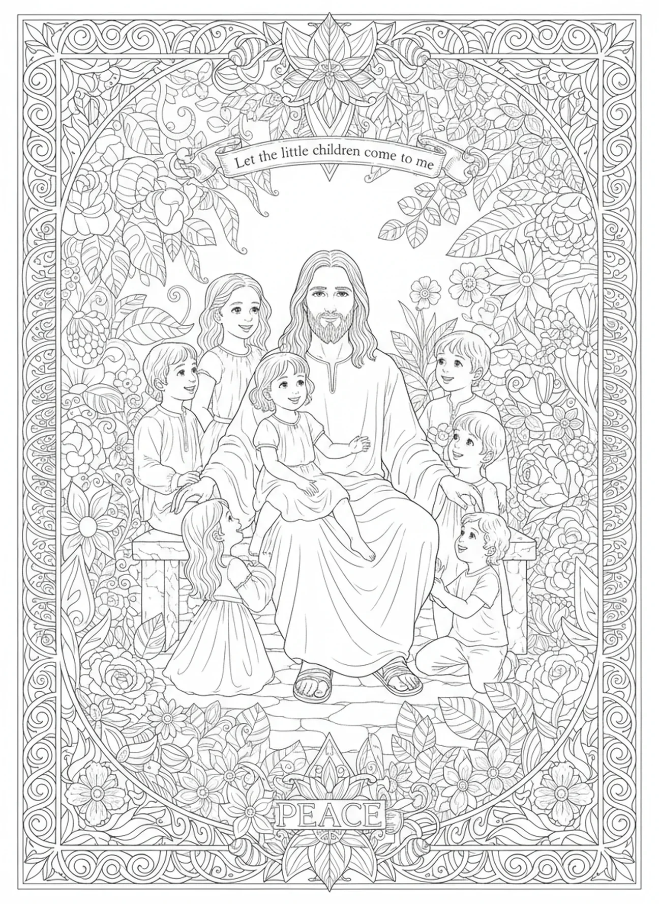 Jesus e crianças na natureza, Jesus Ama as Crianças Página para Colorir Jesus Com Crianças No Colo estilo de diário bíblico para adultos