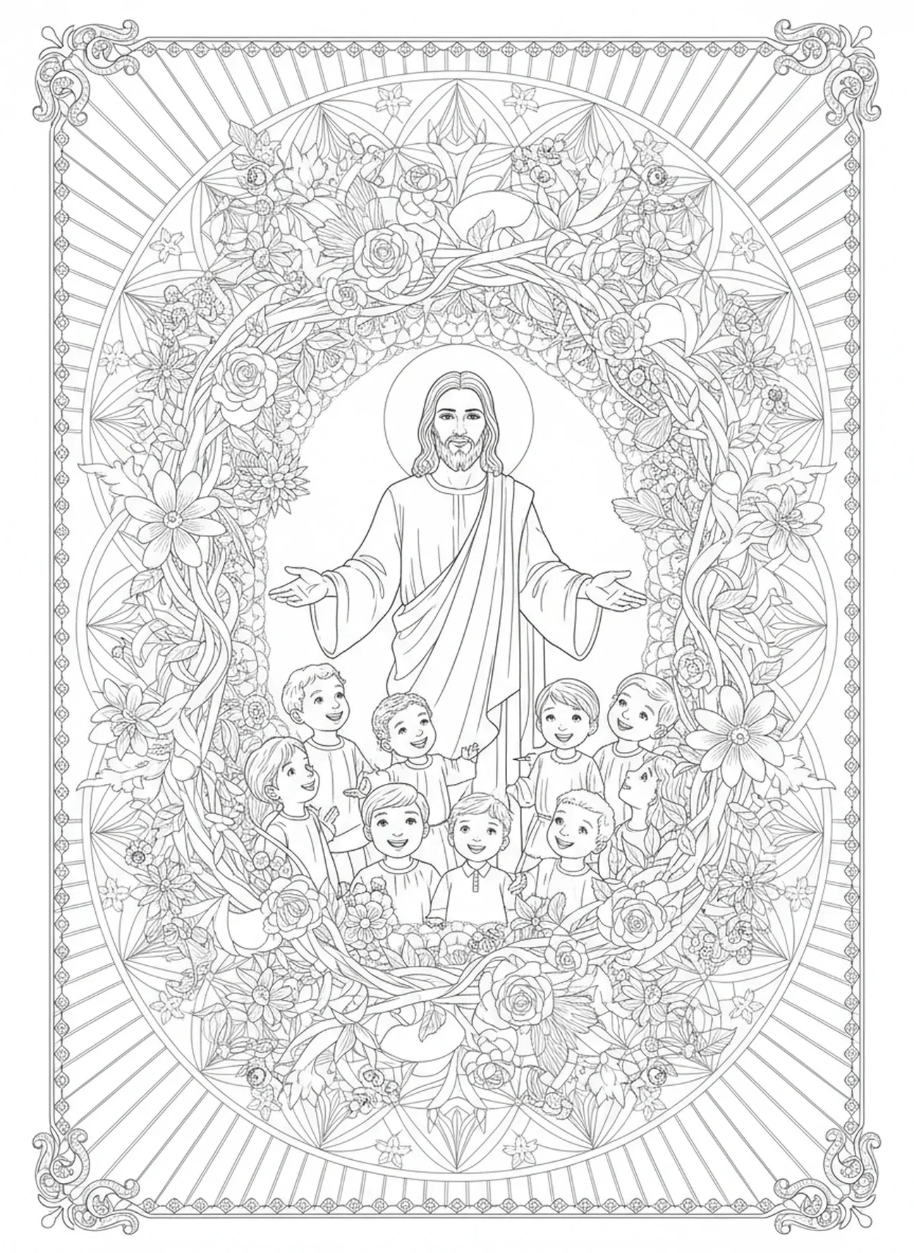 Jesus abençoando crianças, Jesus Ama as Crianças, página para colorir Jesus com crianças no colo, estilo de journaling bíblico para adultos
