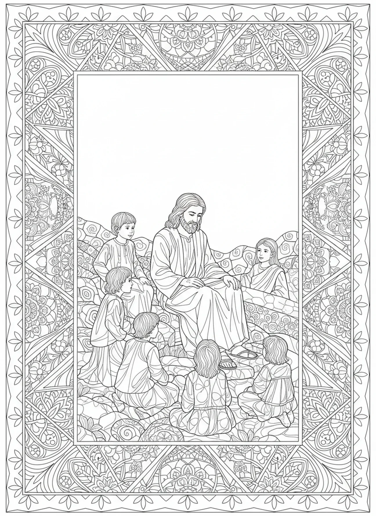 Jesus ensinando crianças, Jesus Ama as Crianças, Jesus Com Crianças No Colo página para colorir para adultos estilo de journaling bíblico