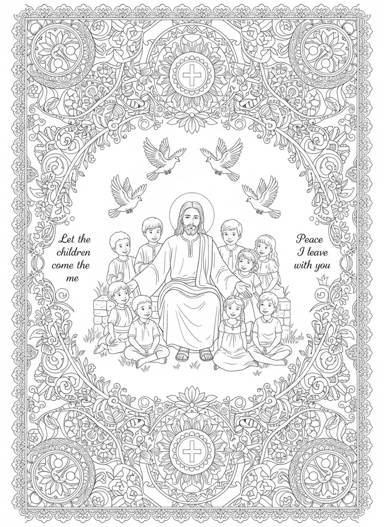 Jesus com crianças e pombas, Jesus Ama as Crianças Página de Colorir Jesus com Crianças no Colo para Adultos Estilo de Journaling Bíblico