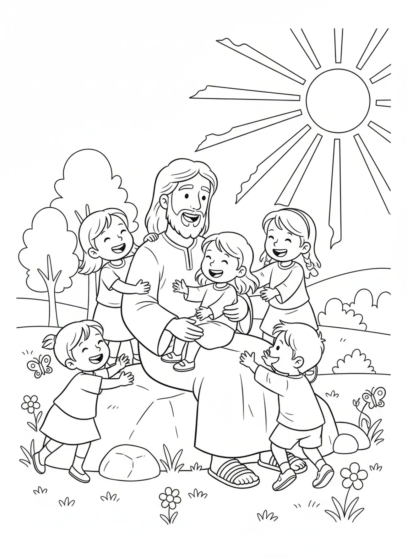 Crianças subindo no colo de Jesus, Jesus Ama as Crianças Página para colorir Jesus com Crianças no Colo para crianças de 5 a 10 anos