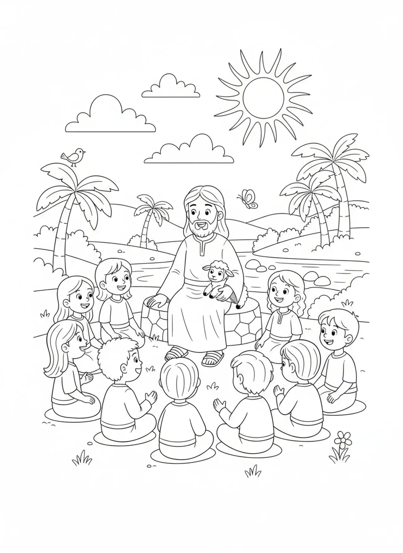 Crianças ouvindo as histórias de Jesus, Jesus Ama as Crianças Página para colorir Jesus com Crianças no Colo para crianças de 5 a 10 anos