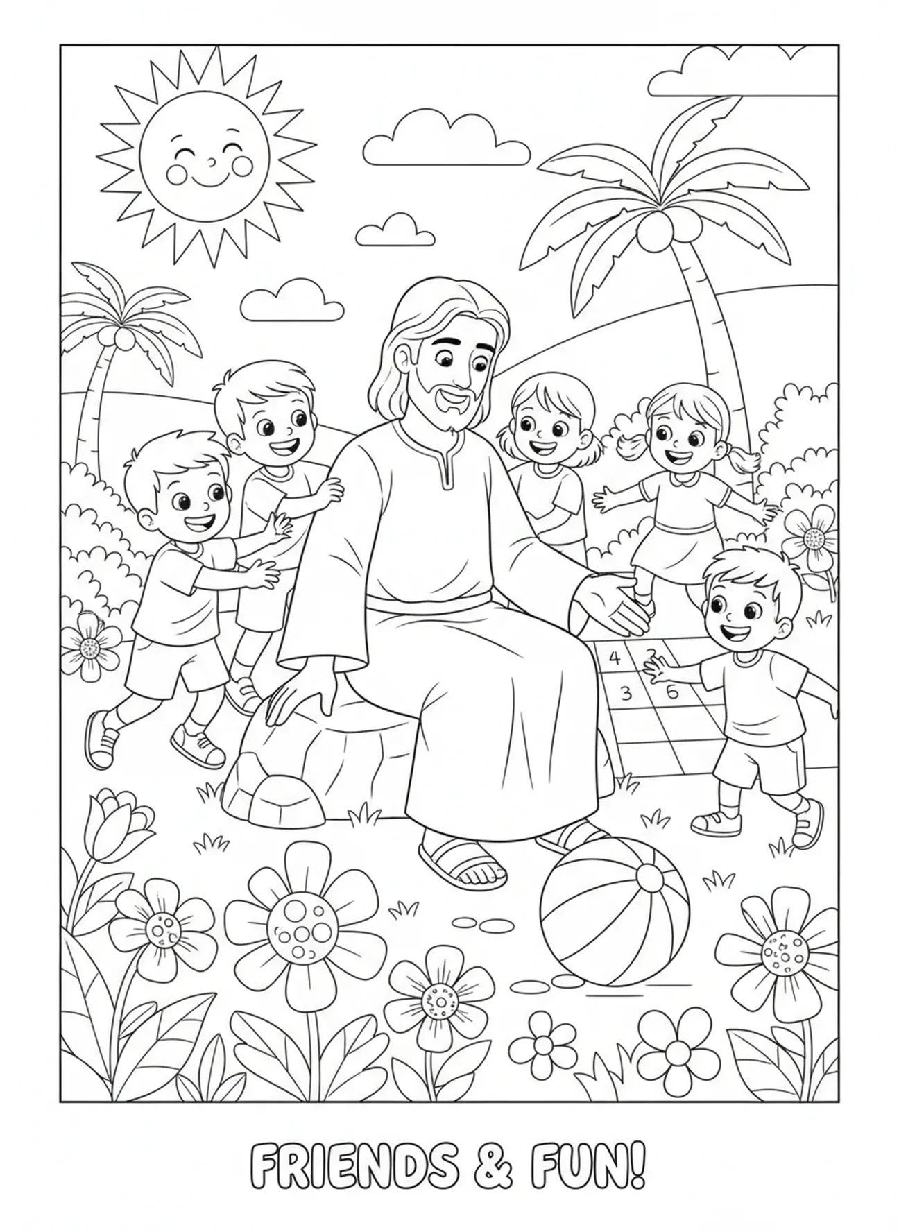 Crianças brincando ao redor de Jesus, Jesus Ama as Crianças, Jesus Com Crianças no Colo página para colorir para crianças de 5 a 10 anos