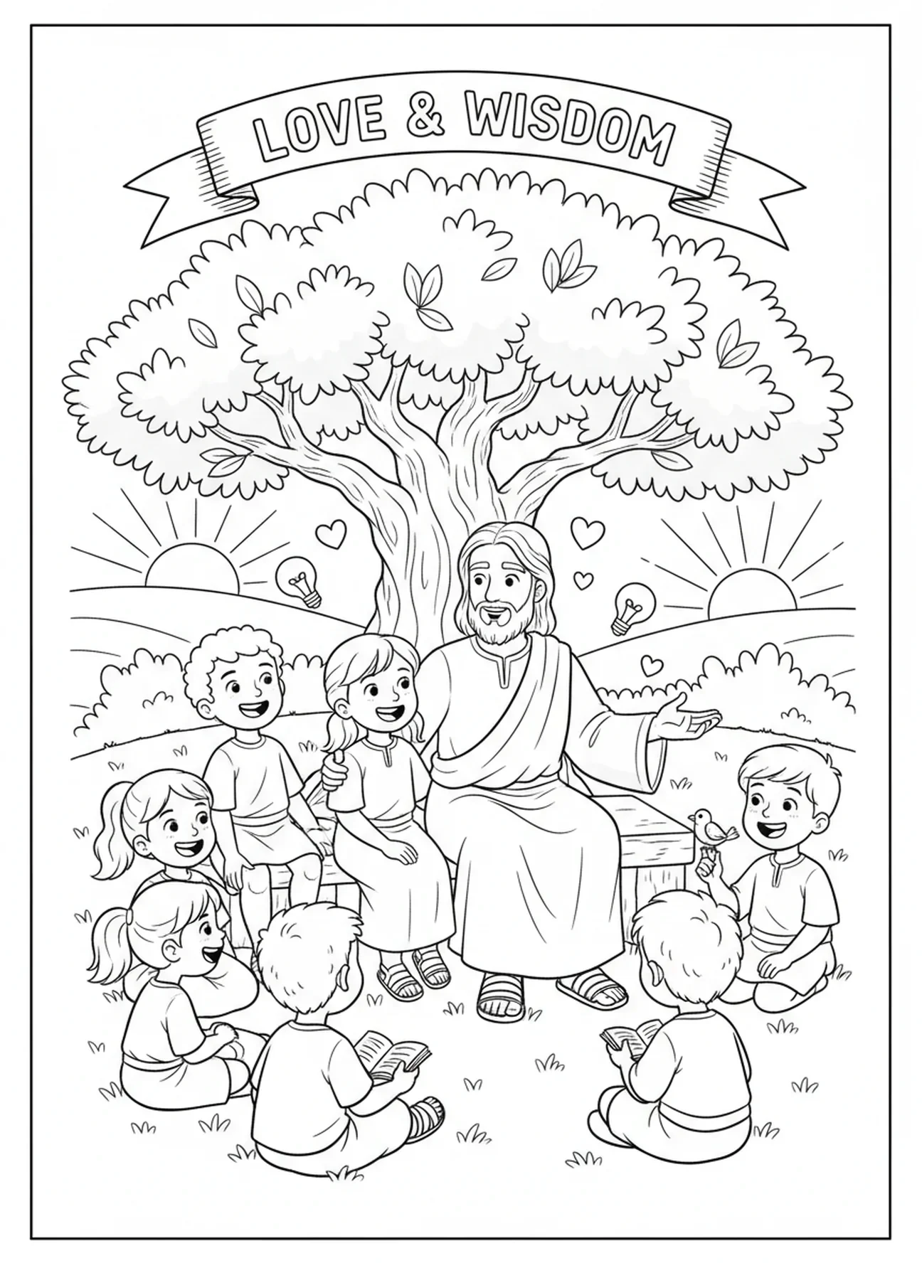Jesus ensinando crianças debaixo de uma árvore, Jesus Ama as Crianças Página para Colorir Jesus com Crianças no Colo para crianças de 5 a 10 anos