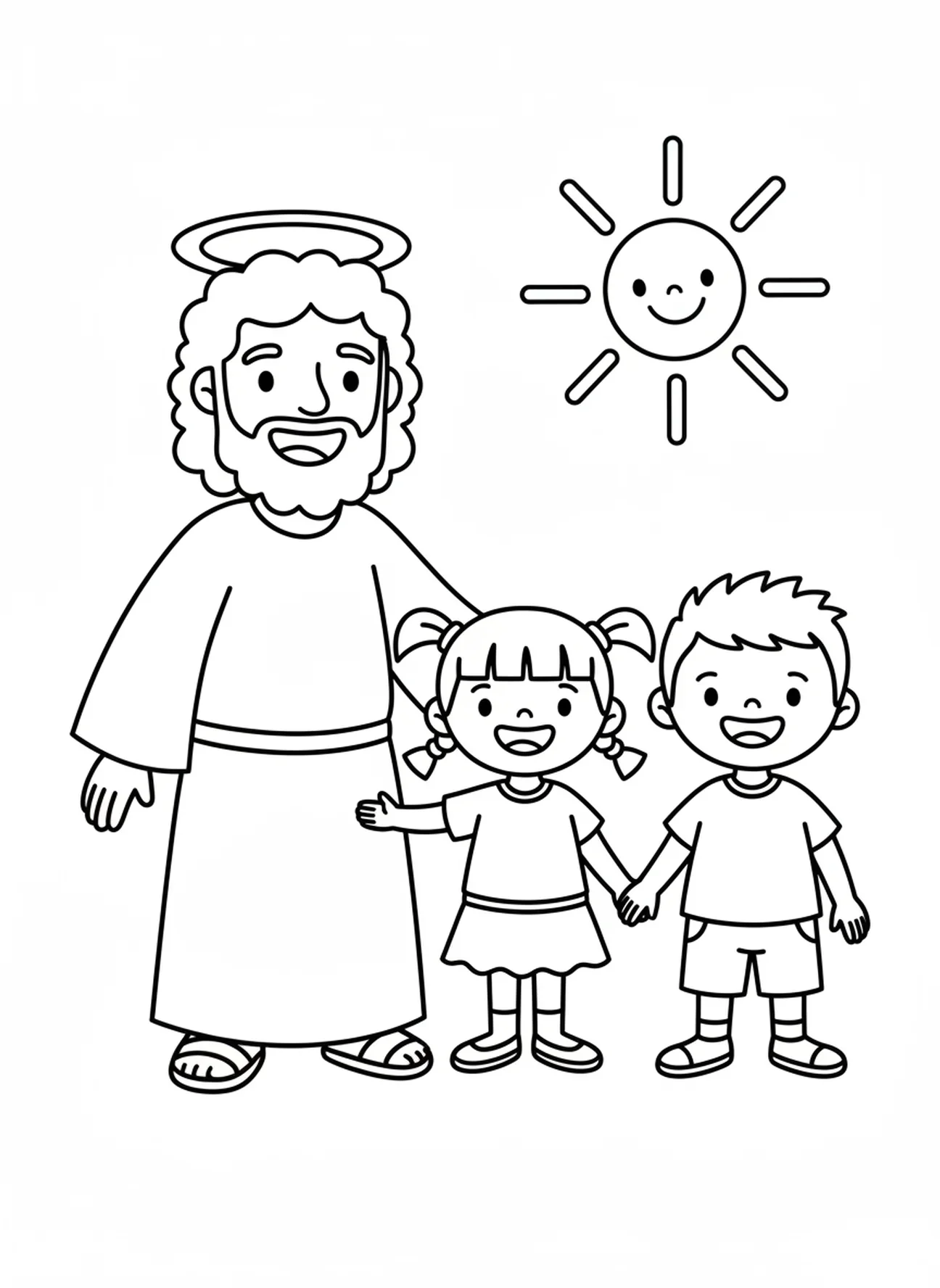 Jesus em pé com crianças, Jesus Ama as Crianças, página de colorir Jesus Com Crianças no Colo para pré-escolares de 3 a 5 anos.