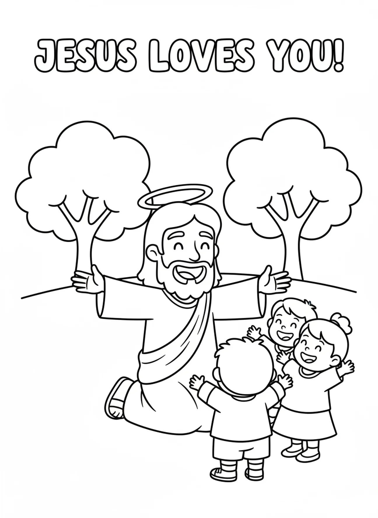 Jesus cumprimentando crianças, Jesus Ama as Crianças Página para colorir Jesus com Crianças no Colo para pré-escolares de 3 a 5 anos.