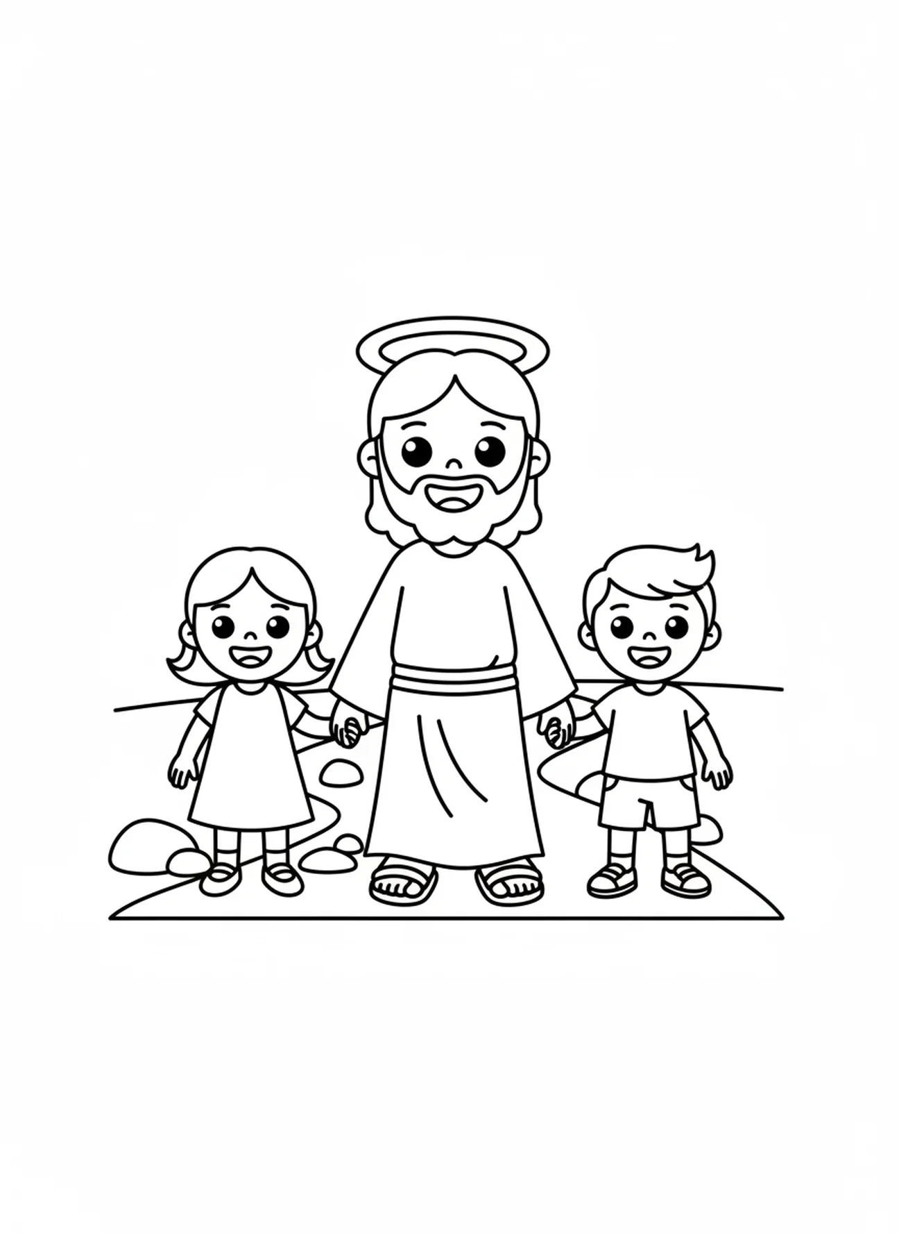 Jesus caminhando com crianças, Jesus Ama as Crianças, página de colorir Jesus Com Crianças no Colo para pré-escolares de 3 a 5 anos.