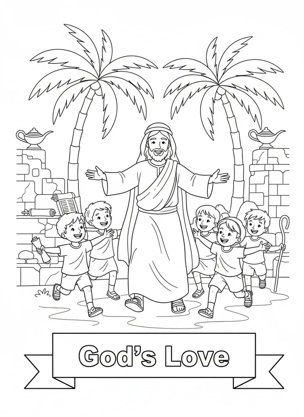 Crianças correndo alegremente, Jesus Ama as Crianças, Jesus Com Crianças no Colo página para colorir para a Escola Dominical crianças de 5 a 12 anos.