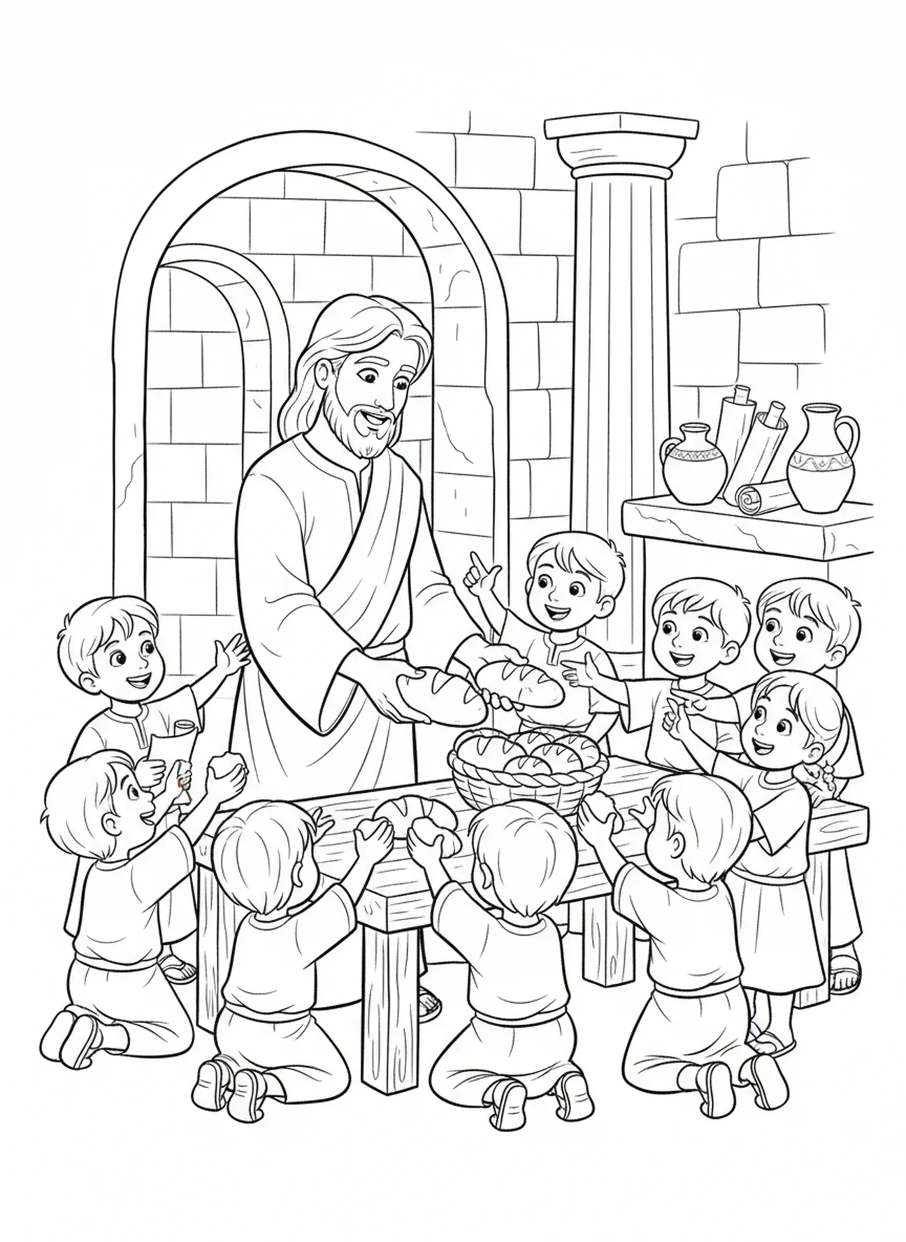 Jesus compartilhando pão, Jesus Ama as Crianças, Jesus Com Crianças No Colo página para colorir para crianças da Escola Dominical de 5 a 12 anos.