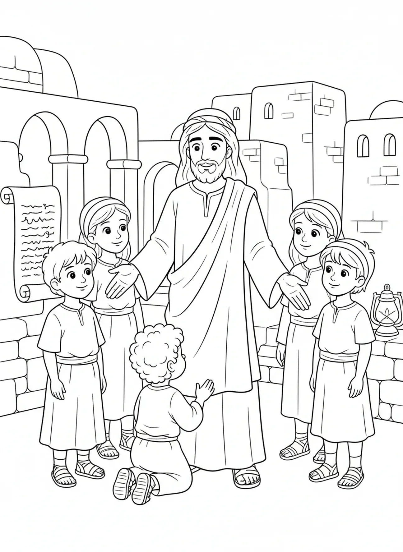 Jesus abençoando crianças, Jesus Ama as Crianças Página para colorir Jesus com Crianças no Colo para a Escola Dominical, crianças de 5 a 12 anos.