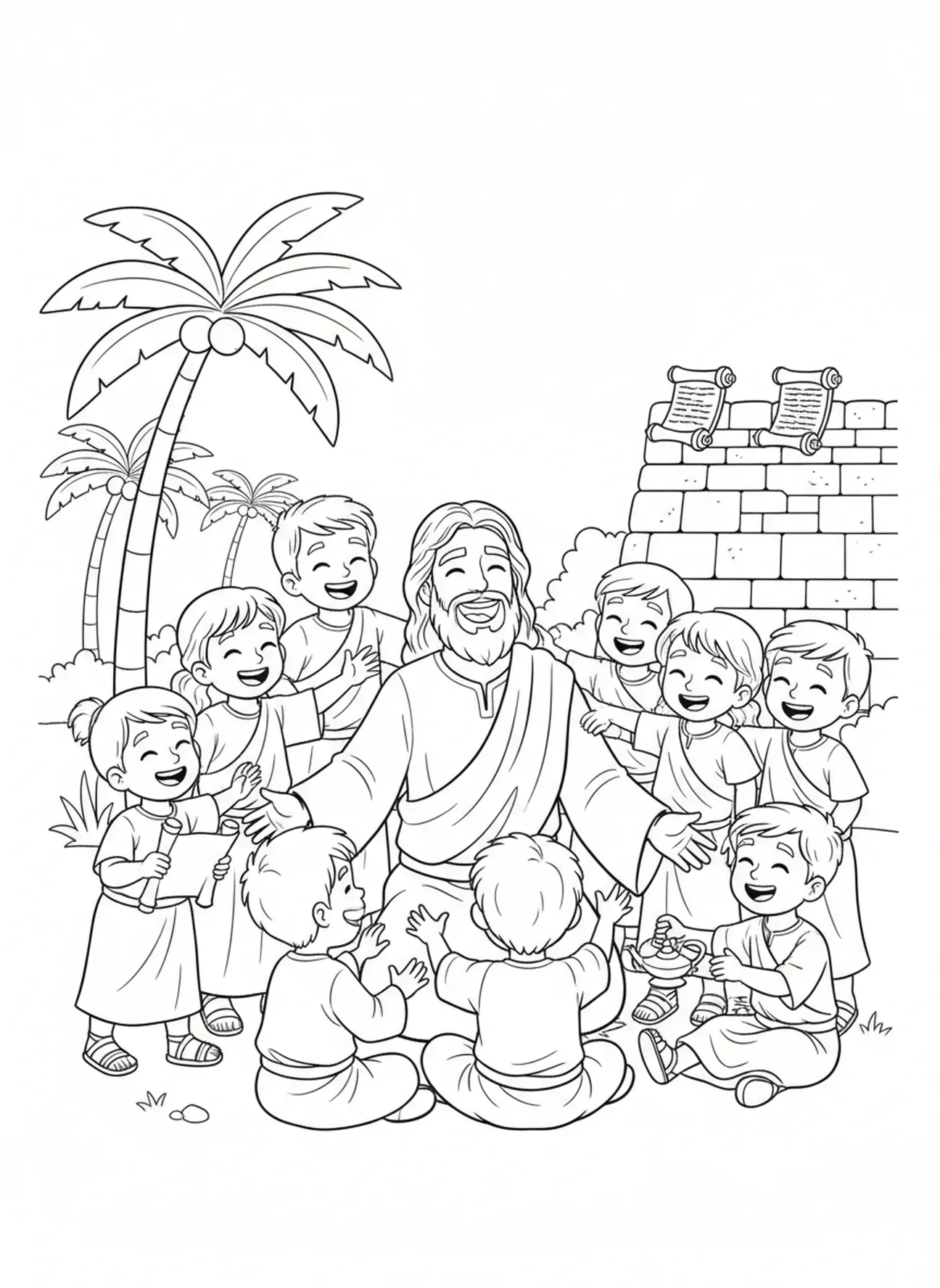 Jesus rindo alegremente, Jesus Ama as Crianças, página de colorir Jesus com Crianças no colo para a Escola Dominical, crianças de 5 a 12 anos.