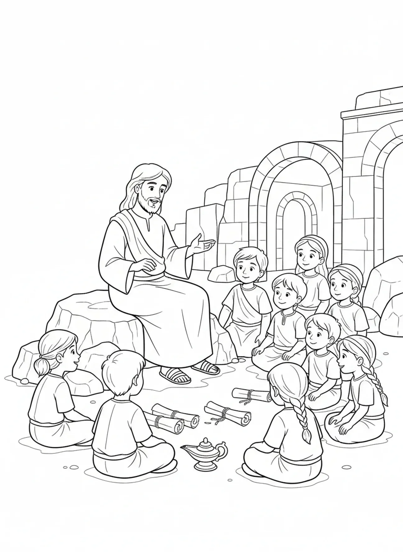 Jesus contando histórias, Jesus Ama as Crianças, página de colorir Jesus Com Crianças no Colo para crianças da Escola Dominical de 5 a 12 anos.