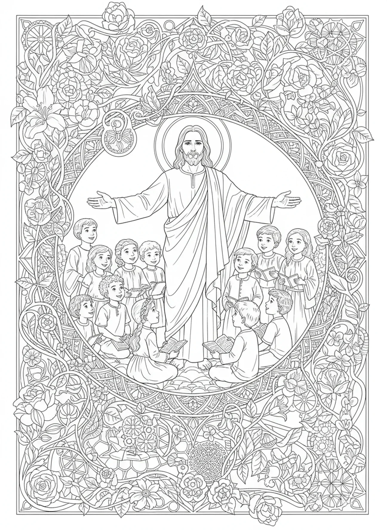Jezus uczący dzieci, kolorowanka Jezus kocha dzieci w stylu dziennika biblijnego dla dorosłych.