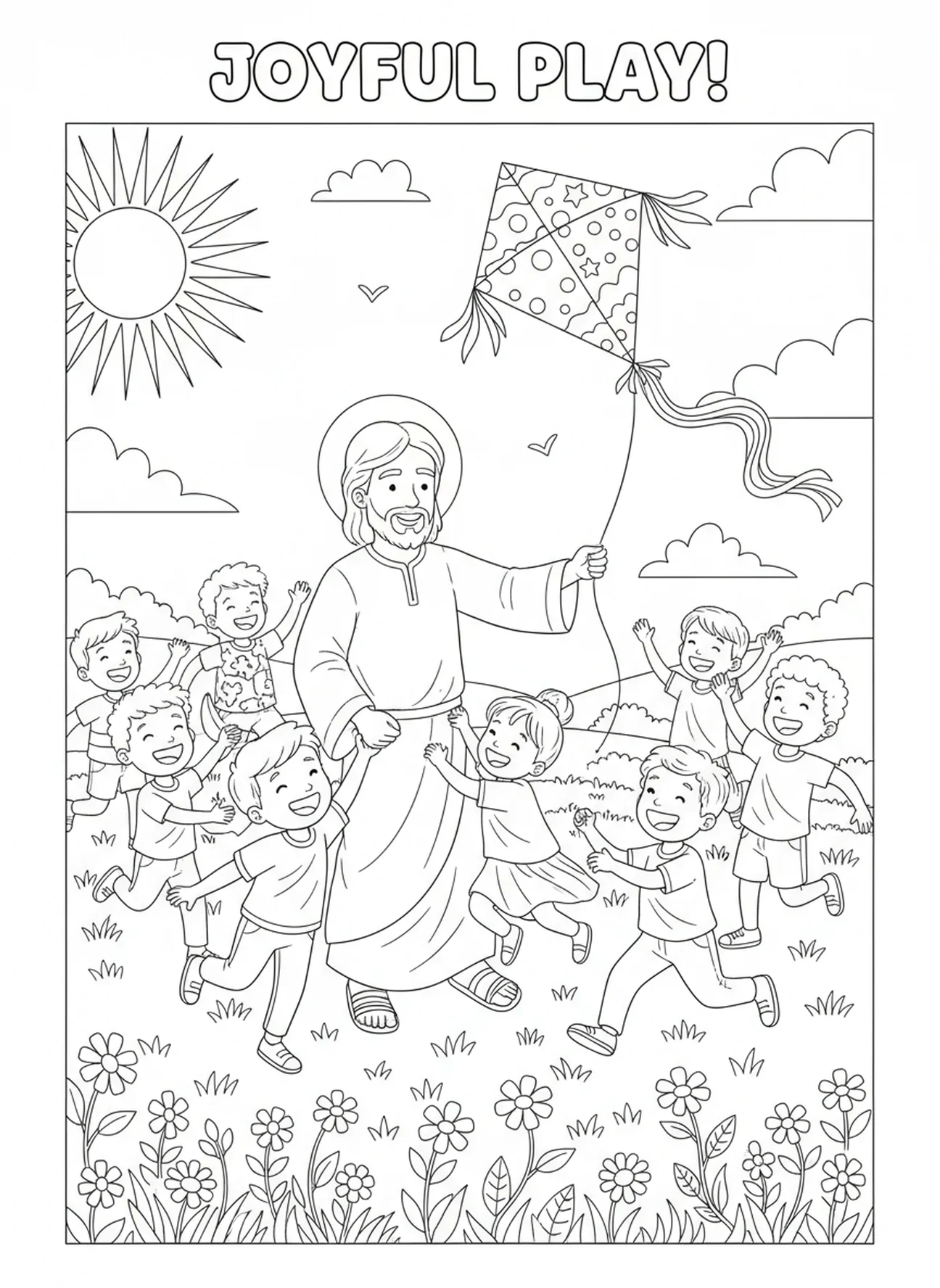Jezus bawiący się z dziećmi, kolorowanka Jezus kocha dzieci dla dzieci w wieku 5-10 lat.